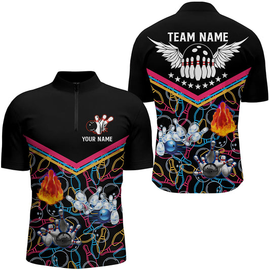 Custom Multicolor black bowling shirt for men – personalized team jersey front view