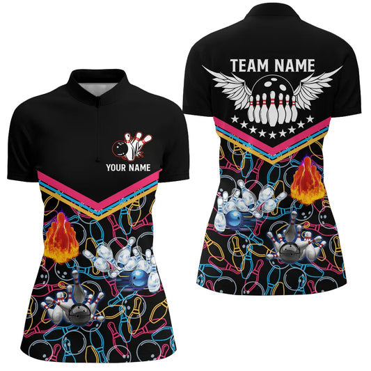 Custom Multicolor black bowling shirt for women – personalized team jersey front view