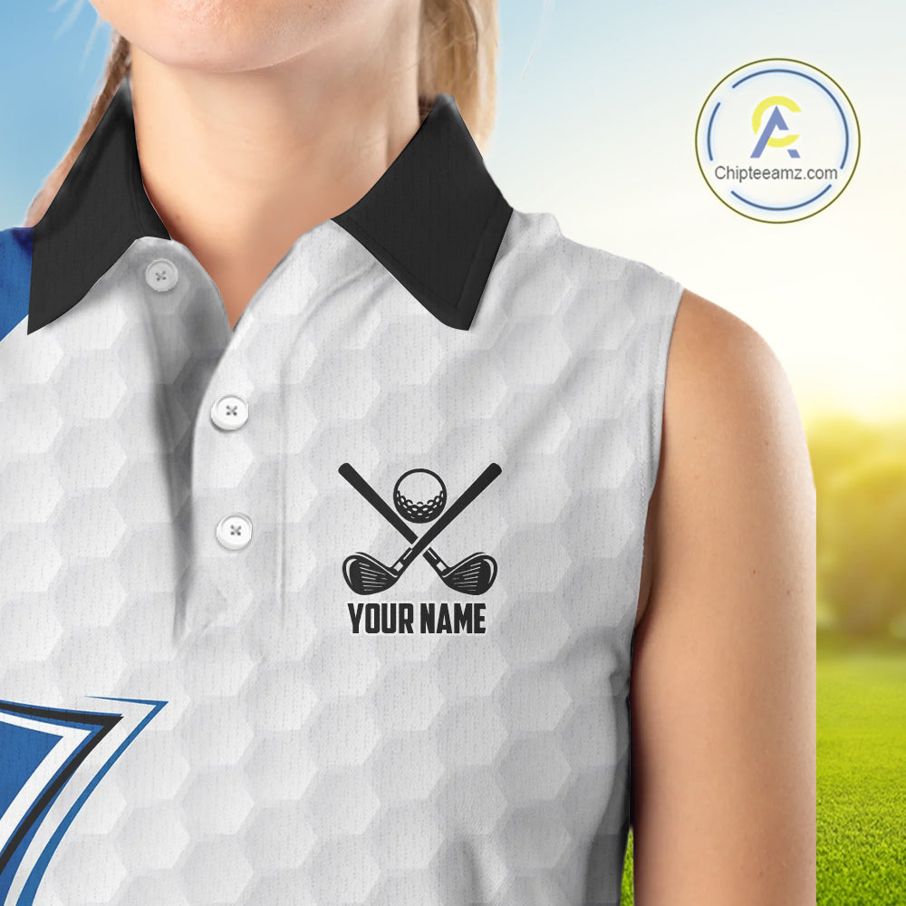 Blue & white golf ball sleeveless golf polo shirts custom name golf gifts for Women NQS10214
