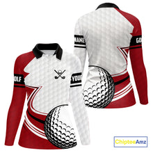 Load image into Gallery viewer, Red &amp; white golf ball short sleeve, long sleeve golf polo shirts custom name golf gifts for Women NQS10215