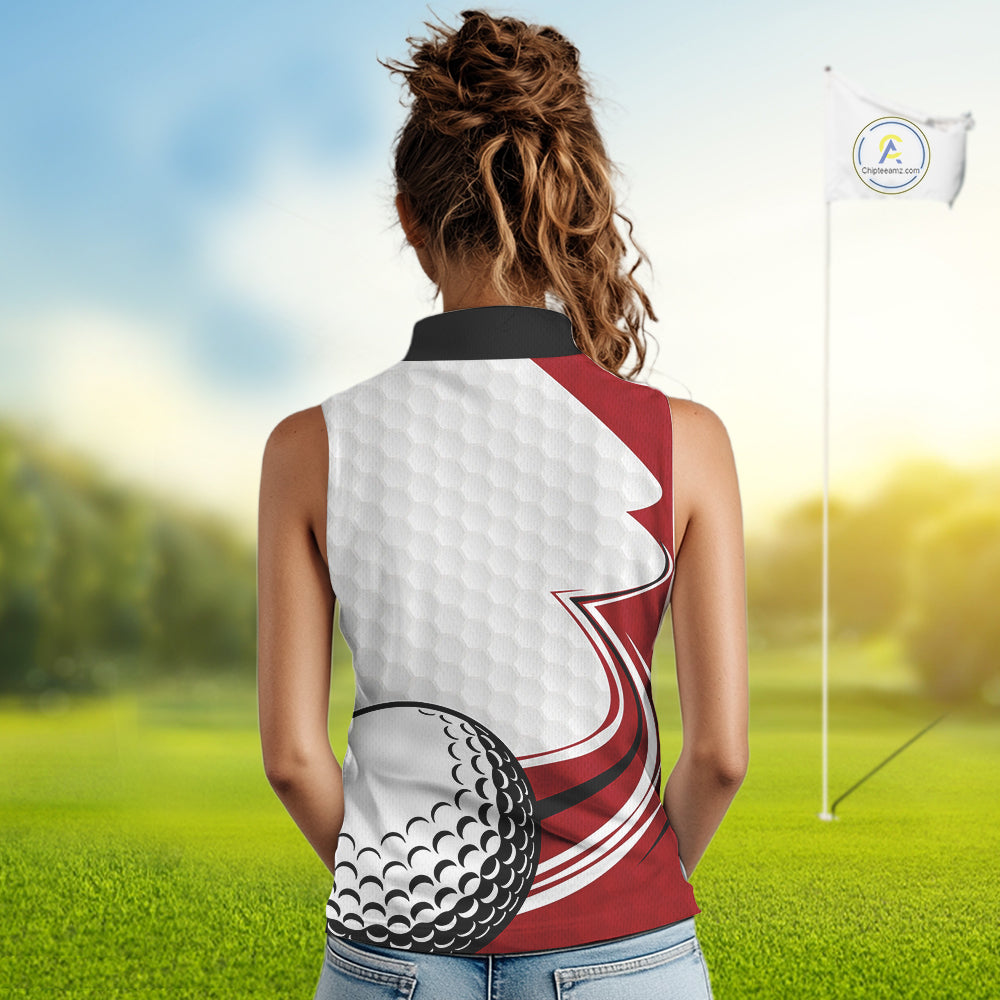 Red & white golf ball sleeveless golf polo shirts custom name golf gifts for Women NQS10215