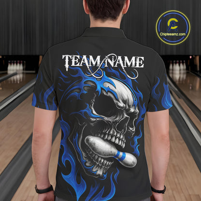 Custom Black and Blue Flame Skull Bowling Shirts For Men, Personalized Skull Team Bowling Jersey NQS10574