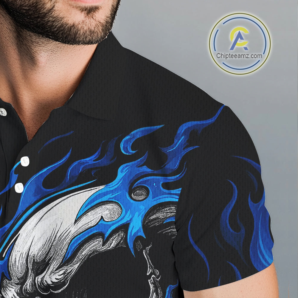 Custom Black and Blue Flame Skull Mens golf polo shirts, Personalized Skull Team Mens Golf Outfit NQS10576