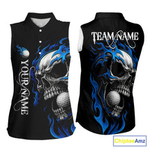 Load image into Gallery viewer, Custom Black and Blue Flame Skull Women's Sleeveless Polo Shirt, Skull Team Ladies Golf Outfit NQS10576