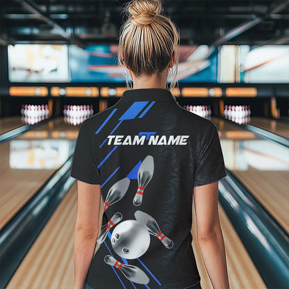 Silver Bowling Ball pins Team bowling shirts for women custom bowling Polo, Quarter zip jersey | Blue NQS9624
