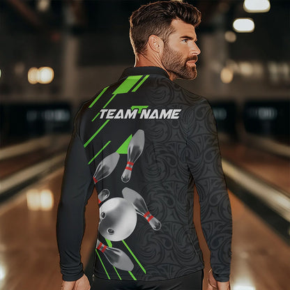 Silver Bowling Ball pins Team bowling shirts for Men custom bowling Polo, Quarter zip jersey | Green NQS9628