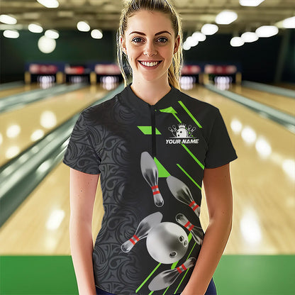 Silver Bowling Ball pins Team bowling shirts for women custom bowling Polo, Quarter zip jersey | Green NQS9628