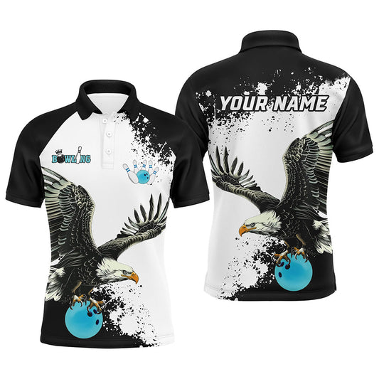 Black and white Mens bowling polo shirts Custom Eagle Team bowling shirts, gift for bowlers | Blue NQS7404