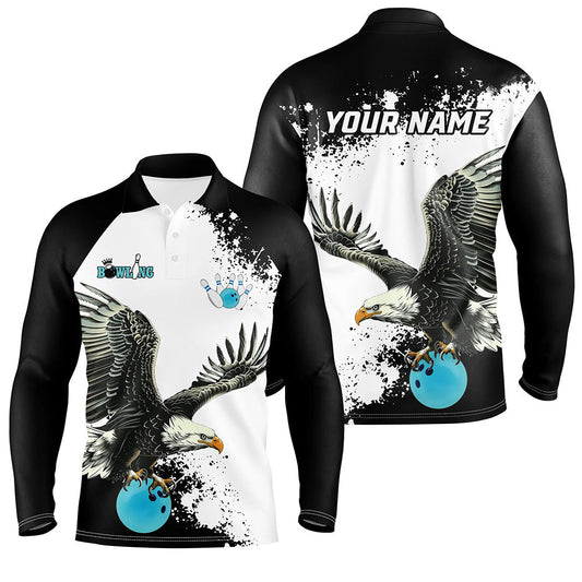 Black and white Mens bowling polo shirts Custom Eagle Team bowling shirts, gift for bowlers | Blue NQS7404