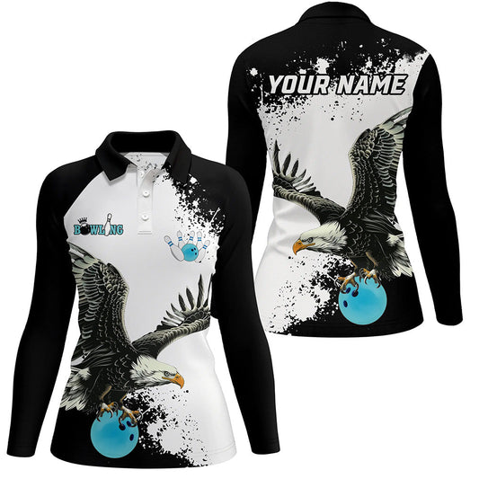 Black and white Women bowling polo shirts Custom Eagle Team bowling shirts, gift for bowlers | Blue NQS7404