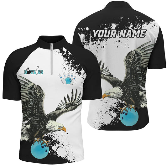 Black and white Men bowling Quarter Zip shirt Custom Eagle Team bowling shirt, gift for bowlers | Blue NQS7404