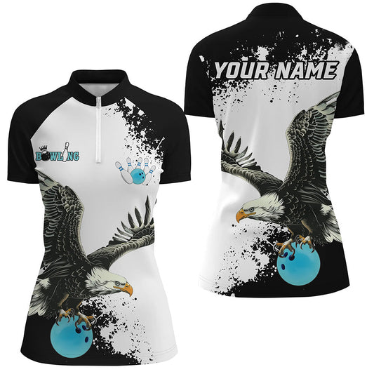 Black and white Women bowling Quarter Zip shirt Custom Eagle Team bowling shirt, gift for bowler| Blue NQS7404