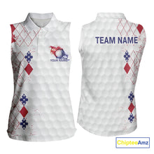 Load image into Gallery viewer, Red, White &amp; Blue argyle American Flag Women sleeveless polo shirt custom golf apparel for ladies NQS9814