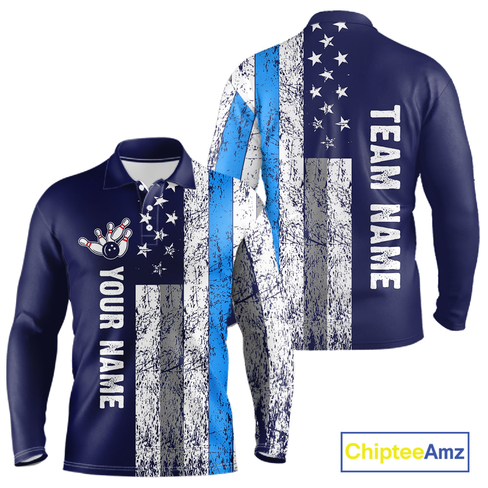 Blue Grunge American Flag Bowling Shirts For Men Custom patriotic Bowling Team League Jerseys NQS11176