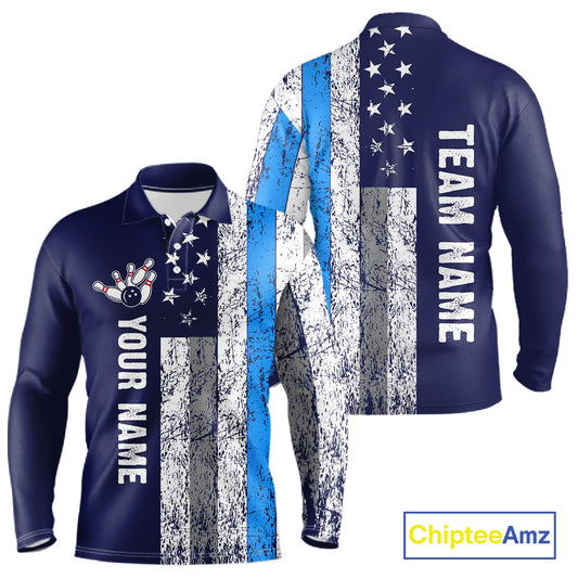 Blue Grunge American Flag Bowling Shirts For Men Custom patriotic Bowling Team League Jerseys NQS11176