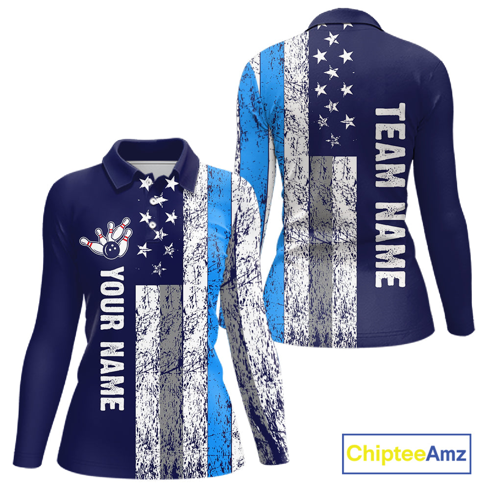 Blue Grunge American Flag Bowling Shirts For Women Custom patriotic Bowling Team League Jerseys NQS11176