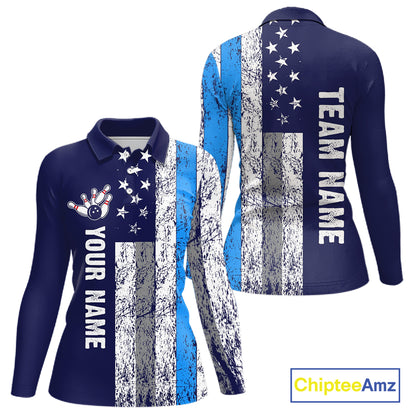 Blue Grunge American Flag Bowling Shirts For Women Custom patriotic Bowling Team League Jerseys NQS11176