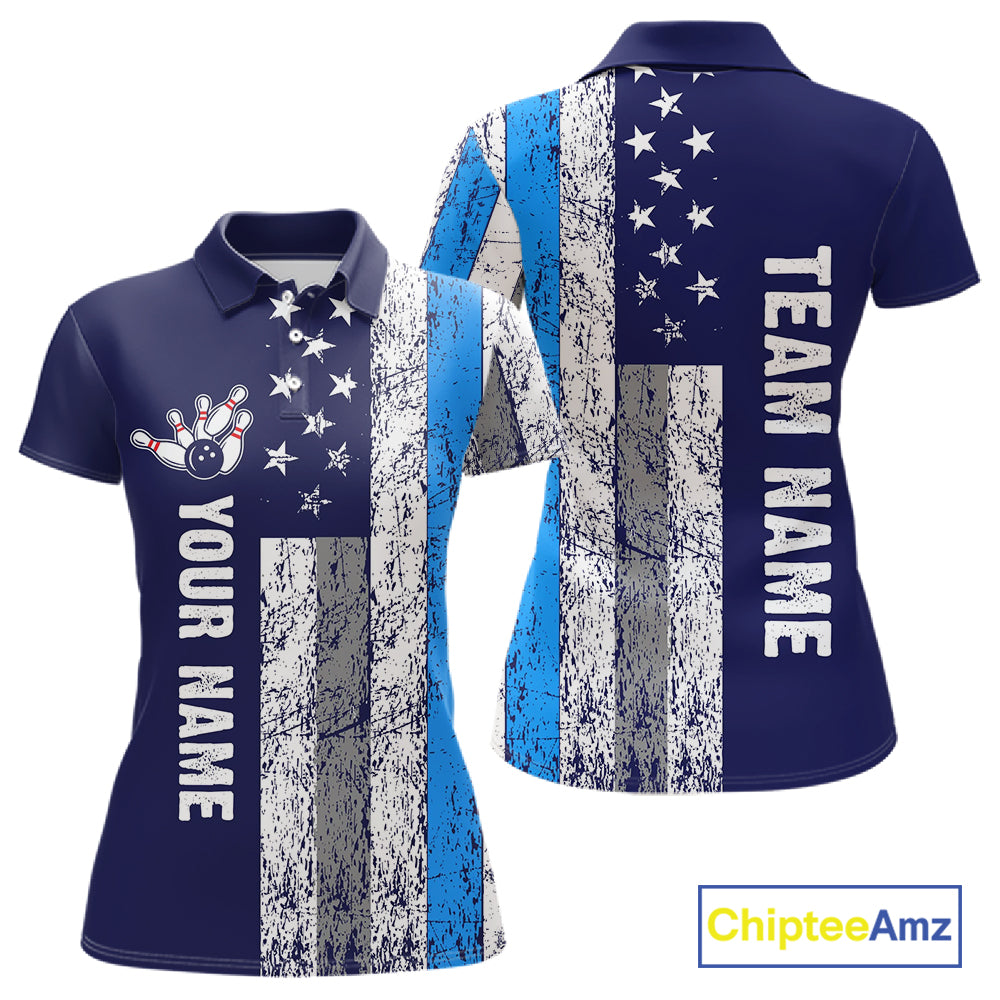 Blue Grunge American Flag Bowling Shirts For Women Custom patriotic Bowling Team League Jerseys NQS11176