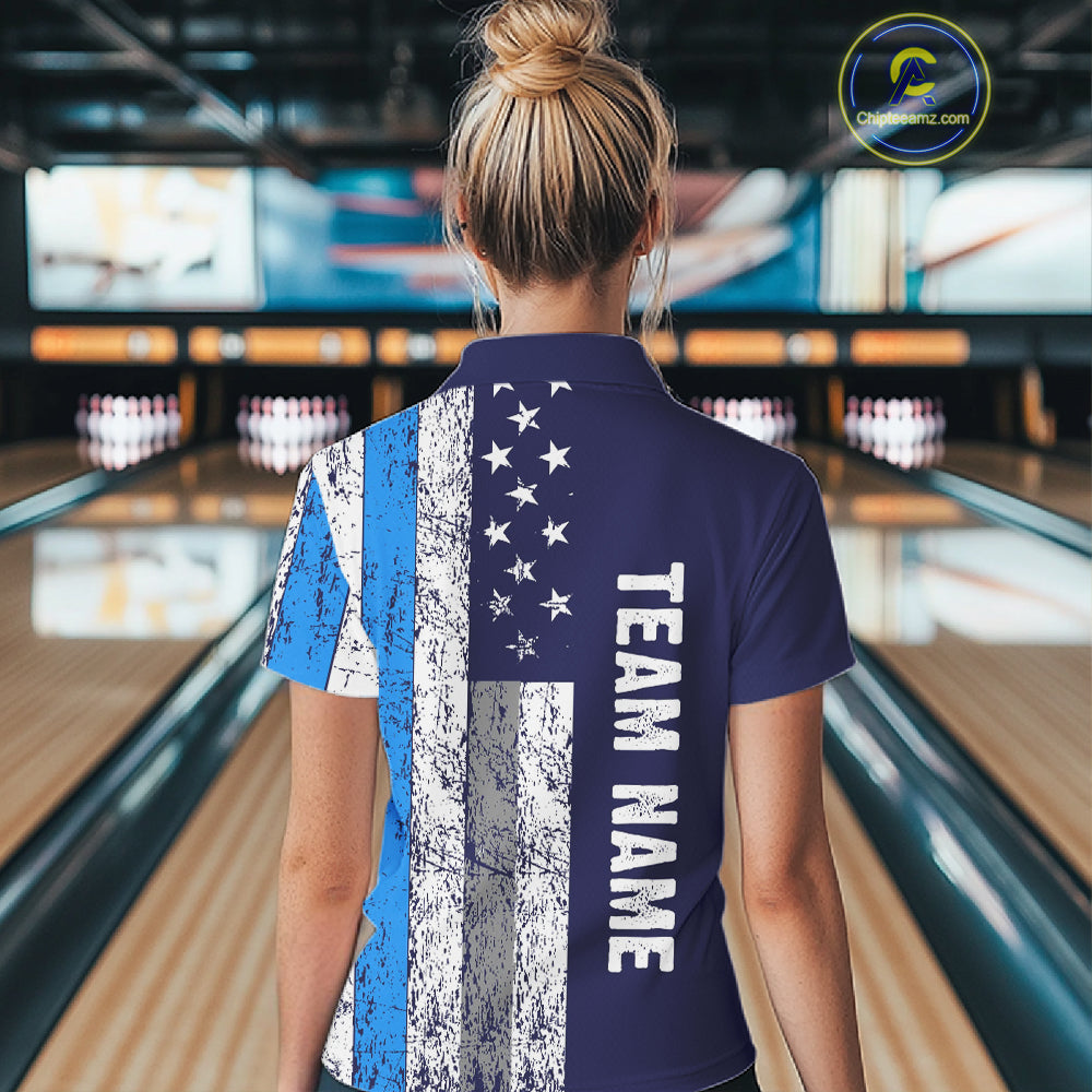Blue Grunge American Flag Bowling Shirts For Women Custom patriotic Bowling Team League Jerseys NQS11176