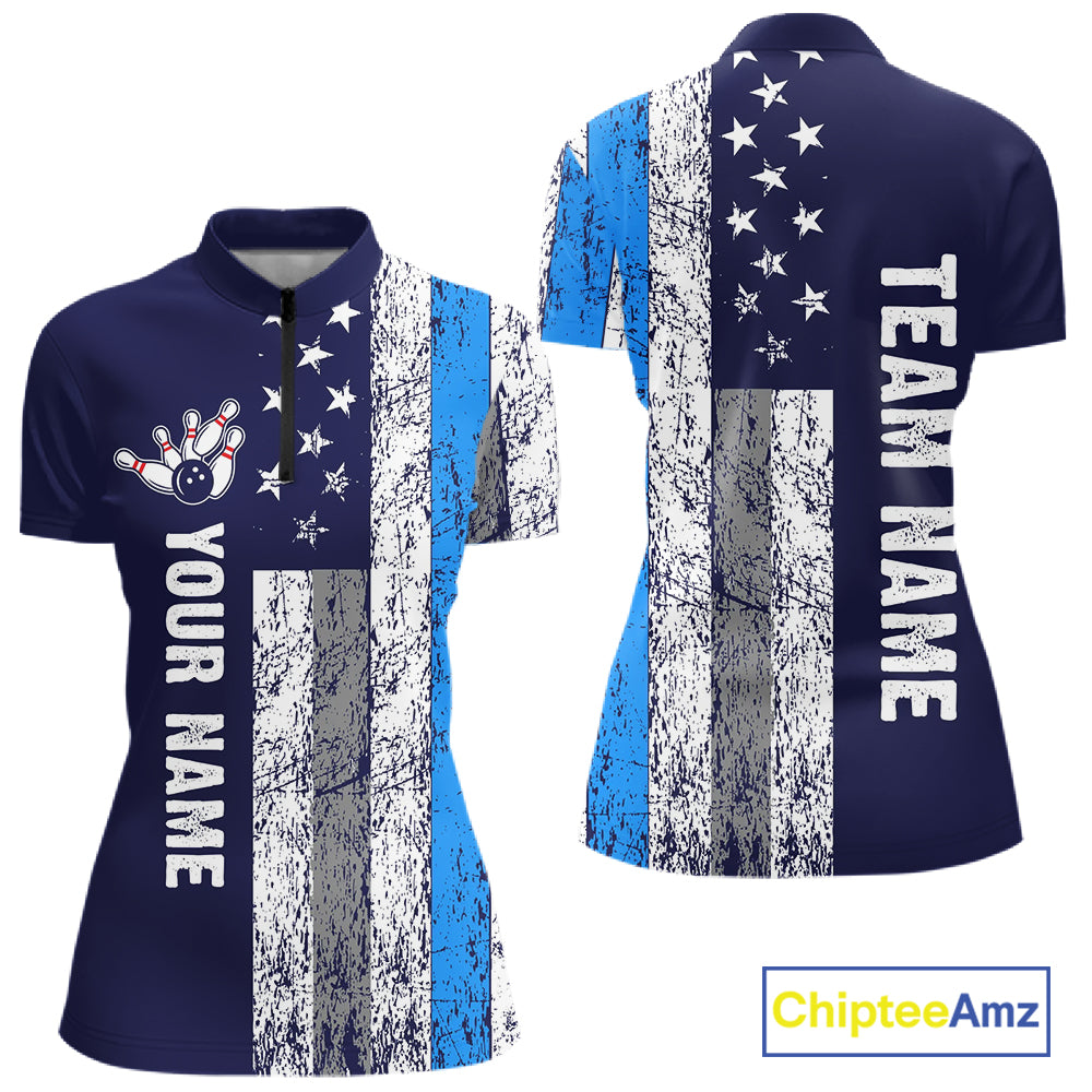 Blue Grunge American Flag Bowling Shirts For Women Custom patriotic Bowling Team League Jerseys NQS11176
