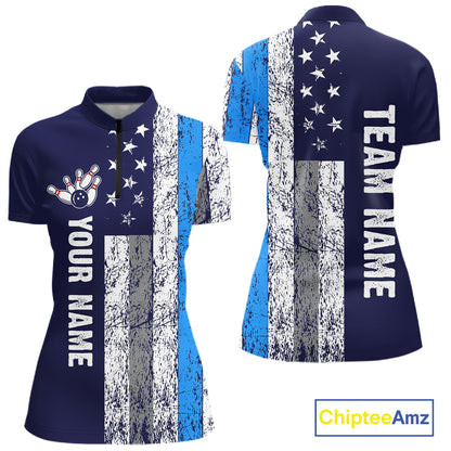 Blue Grunge American Flag Bowling Shirts For Women Custom patriotic Bowling Team League Jerseys NQS11176