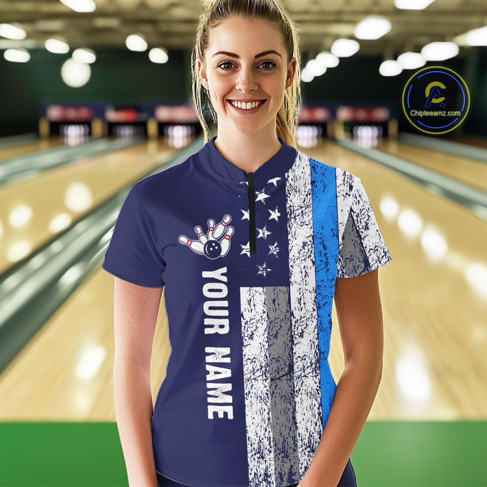 Blue Grunge American Flag Bowling Shirts For Women Custom patriotic Bowling Team League Jerseys NQS11176
