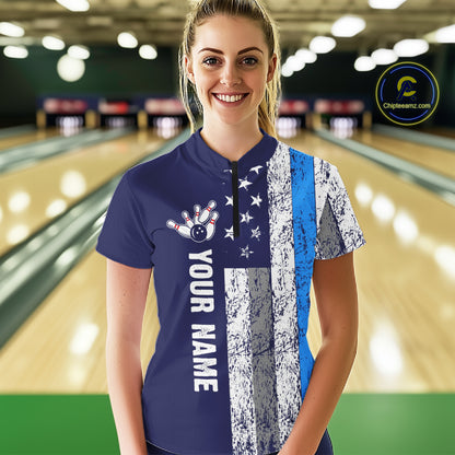 Blue Grunge American Flag Bowling Shirts For Women Custom patriotic Bowling Team League Jerseys NQS11176