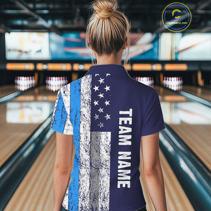 Blue Grunge American Flag Bowling Shirts For Women Custom patriotic Bowling Team League Jerseys NQS11176