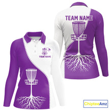 Load image into Gallery viewer, White and Purple Womens Disc golf polo shirts Custom name disc golf clothing for team NQS10068