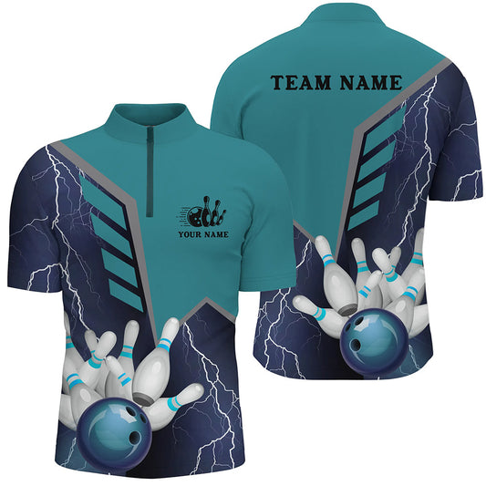 Custom Blue bowling shirt for men – personalized team jersey front view