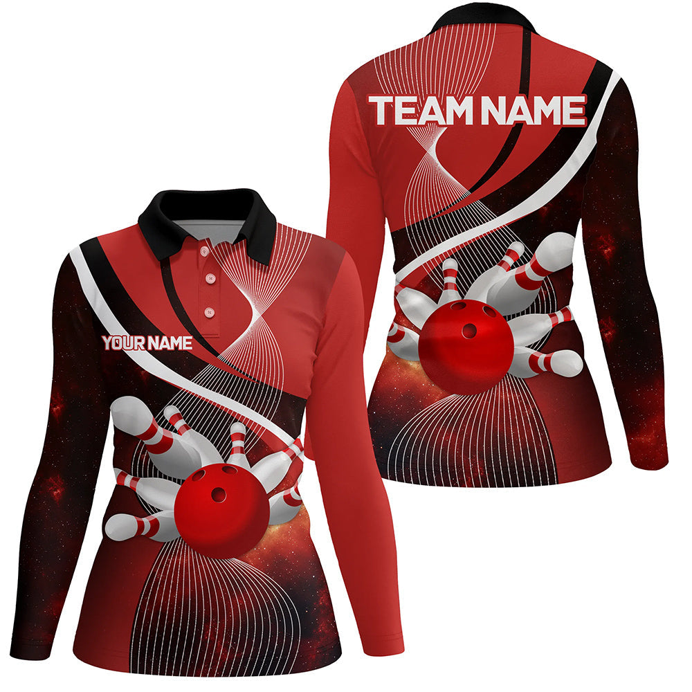 Red Galaxy Women Bowling Polo, Quarter zip Shirts Custom Bowling Team League Jerseys, Gift for bowlers NQS8415