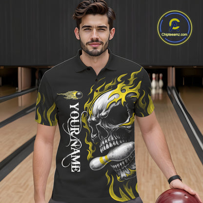 Custom Black and Gold Flame Skull Bowling Shirts For Men, Personalized Skull Team Bowling Jersey NQS10795