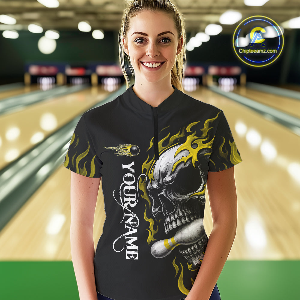 Custom Black and Gold Flame Skull Bowling Shirts For Women, Personalized Skull Team Bowling Jersey NQS10795