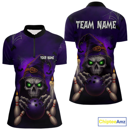 Custom Purple Skull Halloween Bowling Polo, Quarter Zip Shirts For Women, Skull Team Bowling Jersey NQS10803