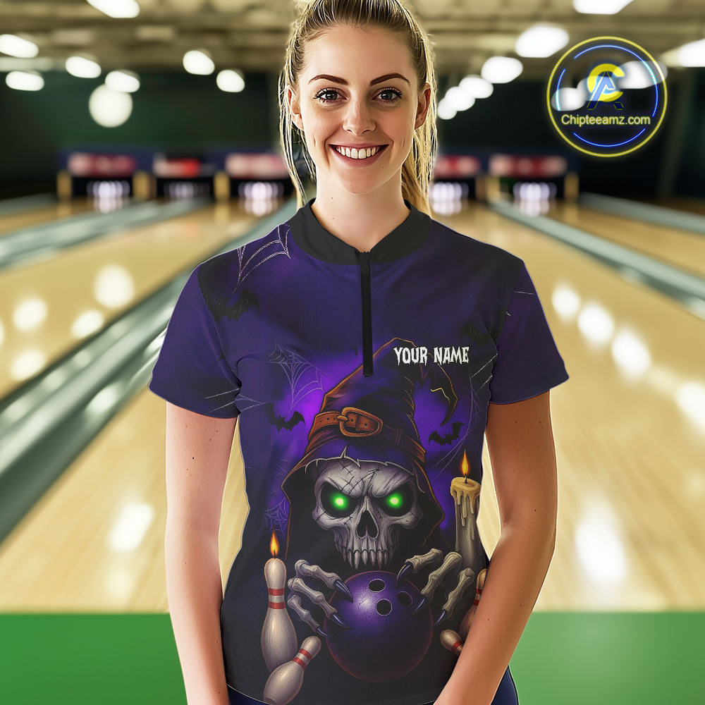 Custom Purple Skull Halloween Bowling Polo, Quarter Zip Shirts For Women, Skull Team Bowling Jersey NQS10803