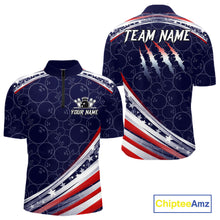 Load image into Gallery viewer, American Flag Camo Bowling Shirts For Men Custom patriotic Bowling Team Polo, 1/4 zip Jerseys | Navy NQS11180