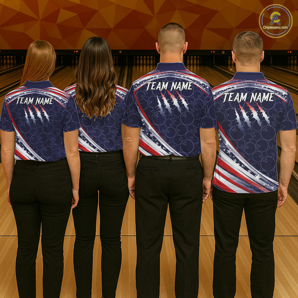 American Flag Camo Bowling Shirts For Men Custom patriotic Bowling Team Polo, 1/4 zip Jerseys | Navy NQS11180