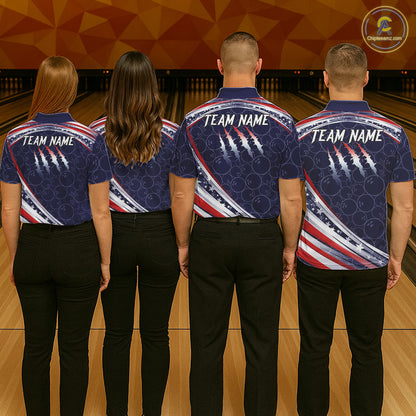 American Flag Camo Bowling Shirts For Men Custom patriotic Bowling Team Polo, 1/4 zip Jerseys | Navy NQS11180