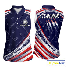 Load image into Gallery viewer, American Flag Camo Sleeveless Polo Golf Shirt Custom patriotic ladies golf shirt, golfer gifts | Navy NQS11181