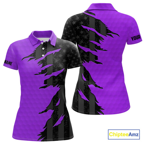 Personalized Women golf polo shirt custom purple golf ball black American flag ladies golf apparel NQS10071