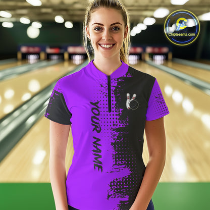 Black and Purple Bowling Polo, Quarter Zip shirts for Women Custom Bowling Team Jerseys NQS10221
