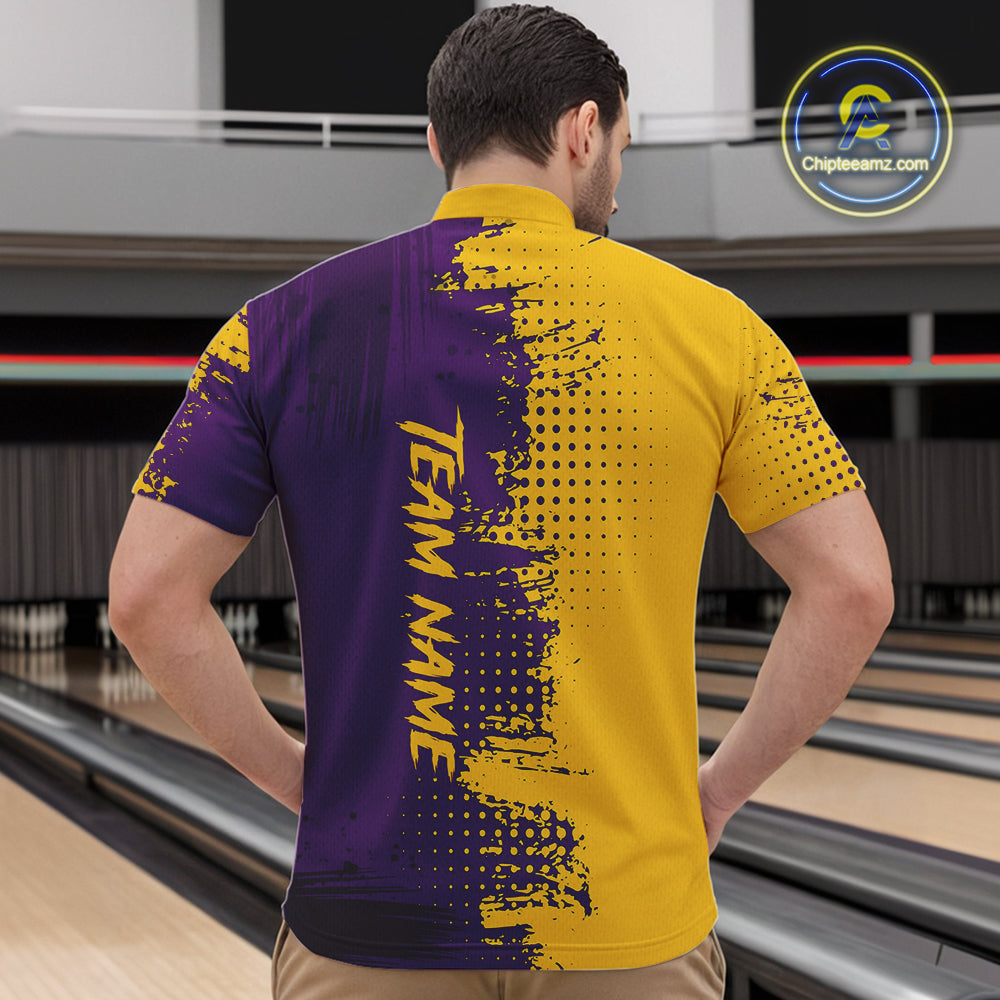 Yellow and Purple Bowling Polo, Quarter Zip shirts for Men Custom Bowling Team Jerseys NQS10222
