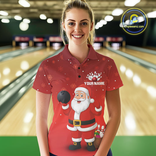 Funny Santa Bowling Red Christmas snowflake pattern Women's Bowling shirt Custom Xmas Bowling Outfits NQS10992