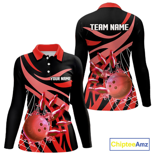 Red flame short-sleeve, long-sleeve bowling shirts for women Custom Team bowling outfit women NQS11393