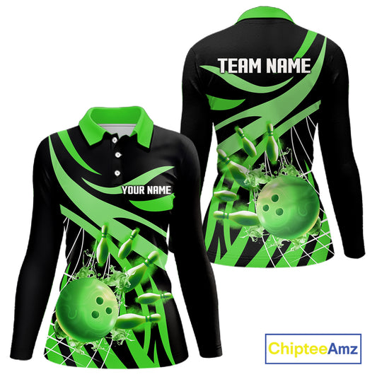 Green flame short-sleeve, long-sleeve bowling shirts for women Custom Team bowling outfit women NQS11394