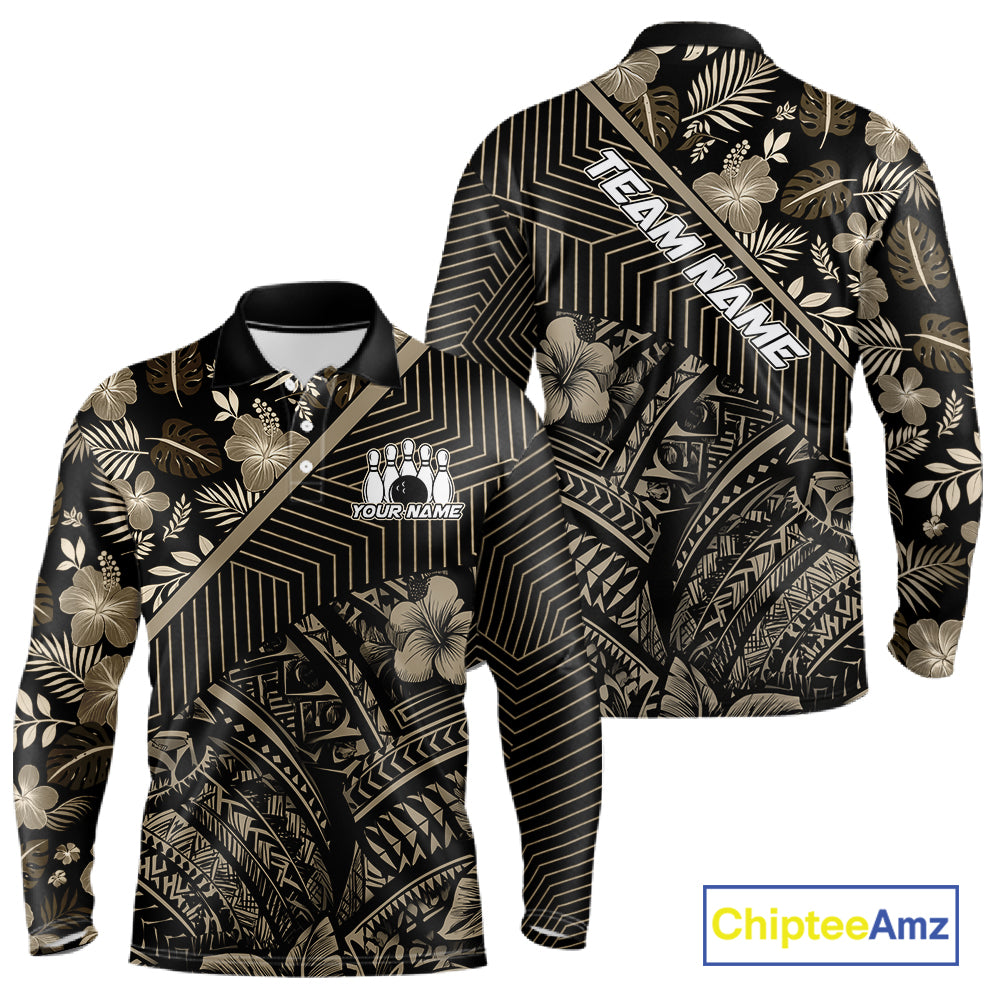 Black tribal pattern Bowling Polo, 1/4 zip Shirts For Men Custom Team Bowling Jerseys NQS11389