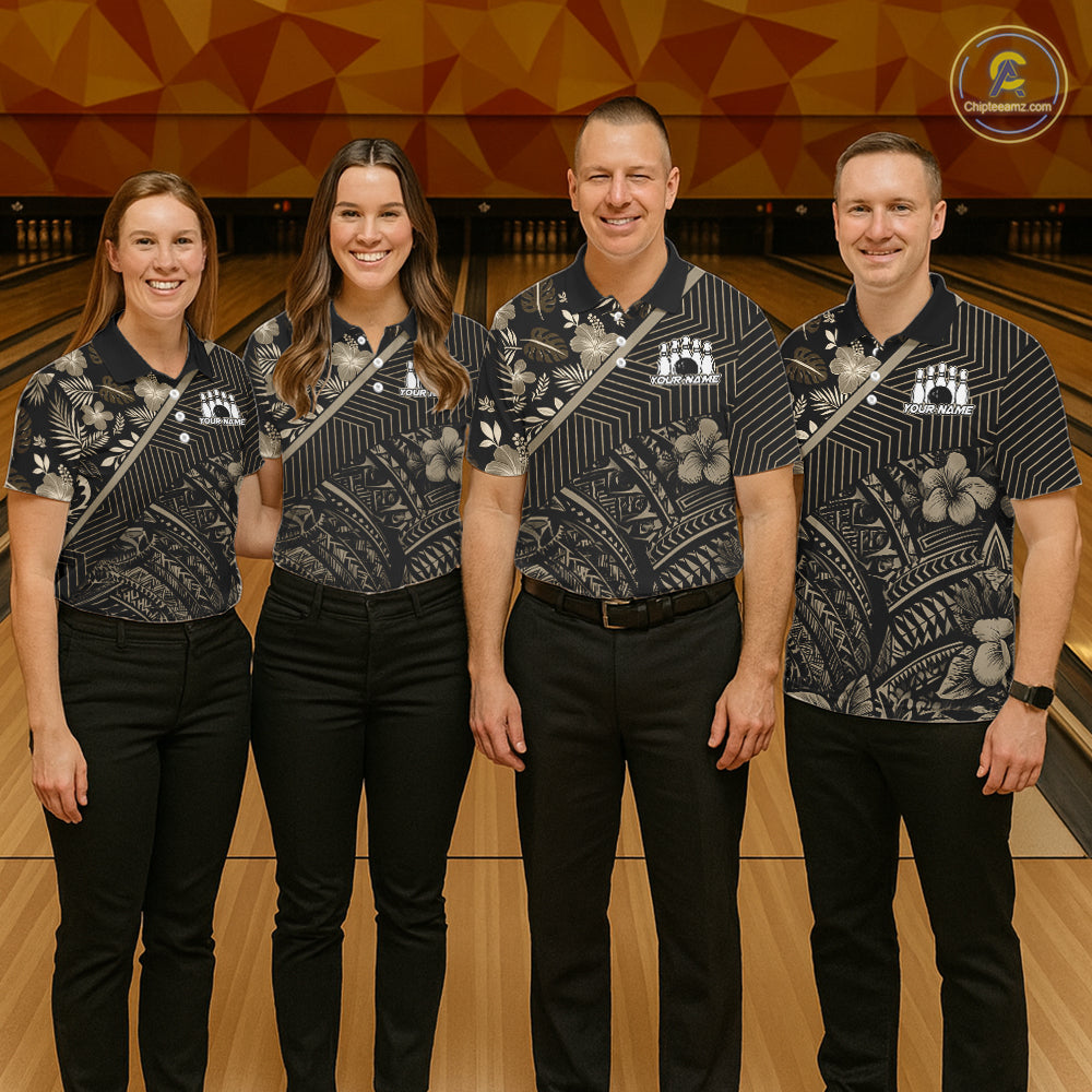 Black tribal pattern Bowling Polo, 1/4 zip Shirts For Women Custom Team Bowling Jerseys NQS11389