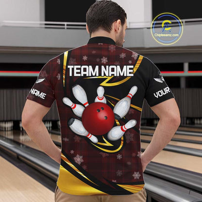 Red Christmas Plaid pattern snowflake Black and Gold Men's Bowling shirts Custom Xmas Bowling Gifts NQS10997