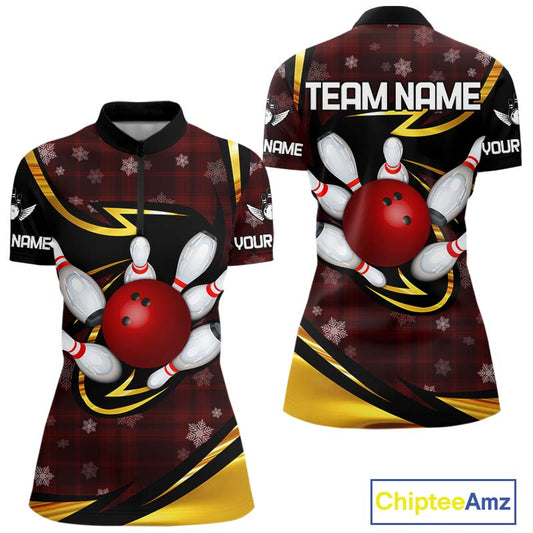 Red Christmas Plaid pattern snowflake Black and Gold Women's Bowling shirts Custom Xmas Bowling Gifts NQS10997