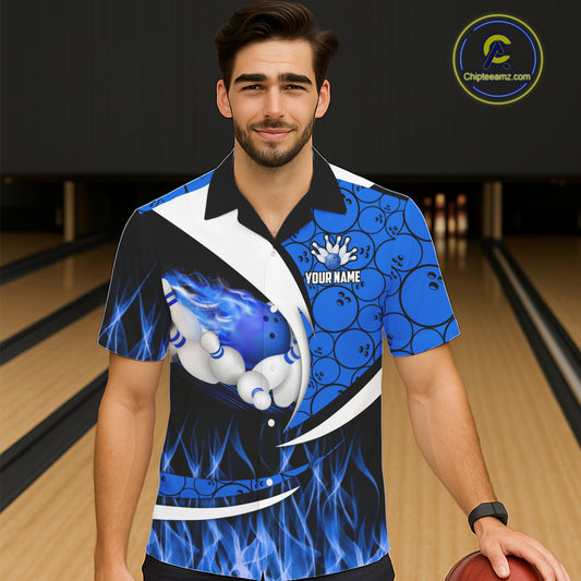 Blue Flame Bowling Camo Bowling Hawaiian Shirts Custom Bowling Team Bowler Jerseys NQS11195
